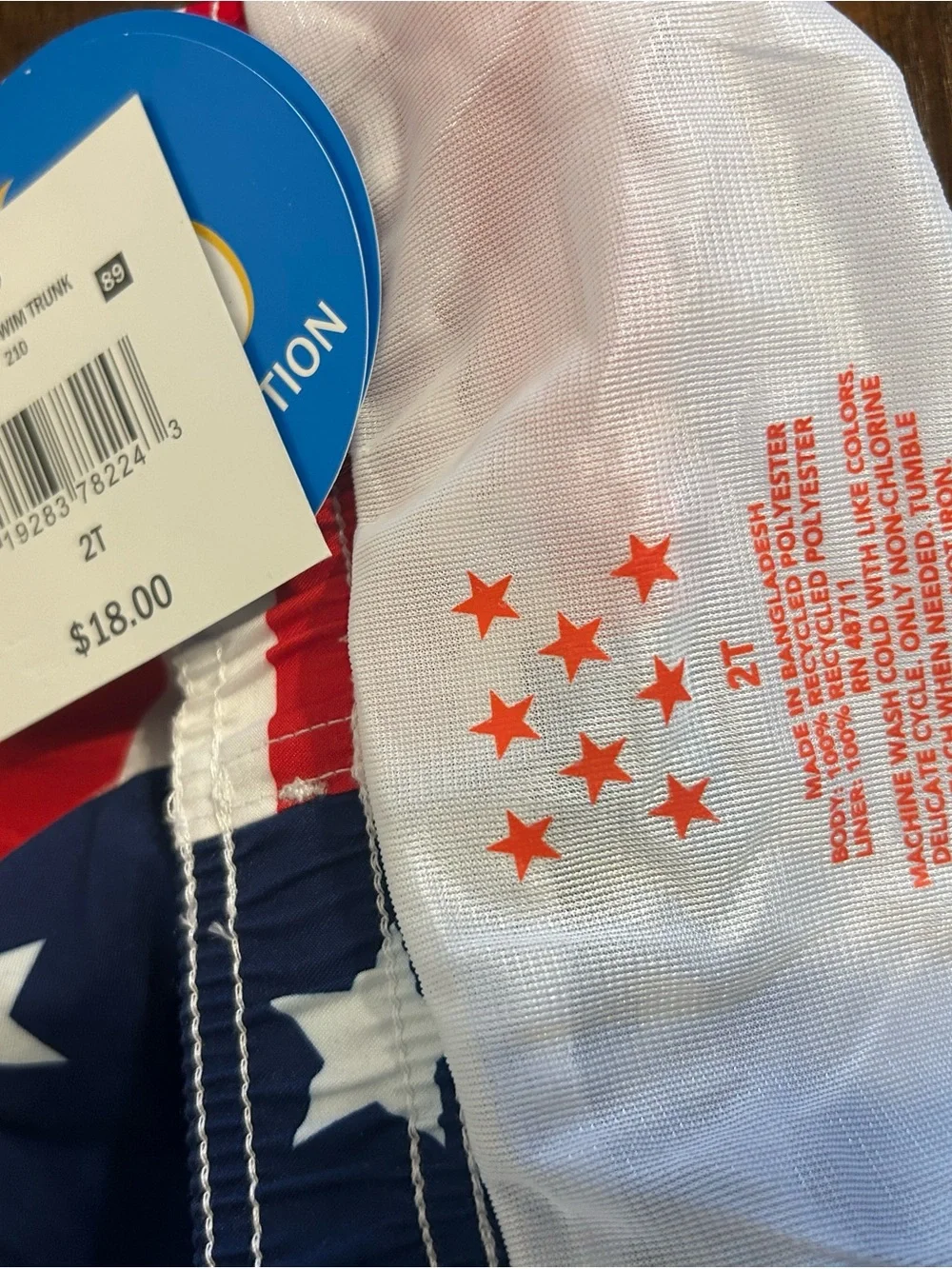 Kids' Toddler Boys size 2T Patriotic Flag Swim Trunks - Red & Blue